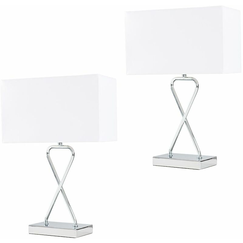 2 x Chrome Table Lamps + White Rectangular Shade - Add LED Bulbs