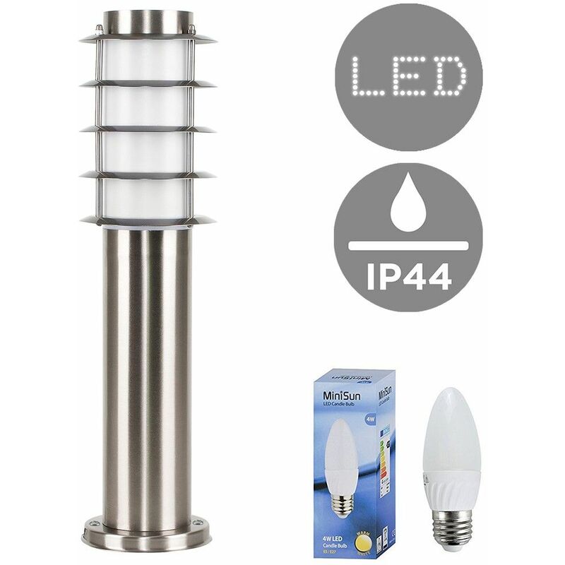 Minisun - Outdoor Stainless Steel 450mm Bollard Lantern Light Post - Add LED Bulb