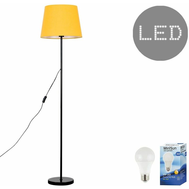 Minisun - Charlie Stem Floor Lamp in Black + Tapered Aspen Shade - Mustard - Including LED Bulb