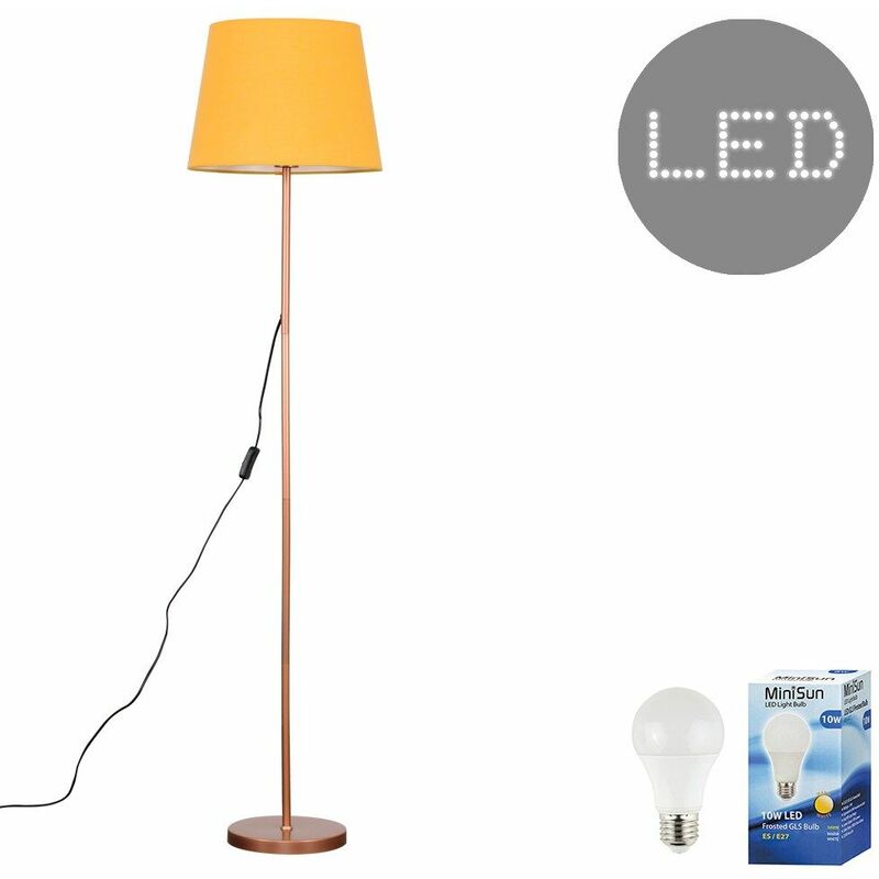 Minisun - Charlie Floor Lamp in Copper with Aspen Shade - Mustard - Including LED Bulb