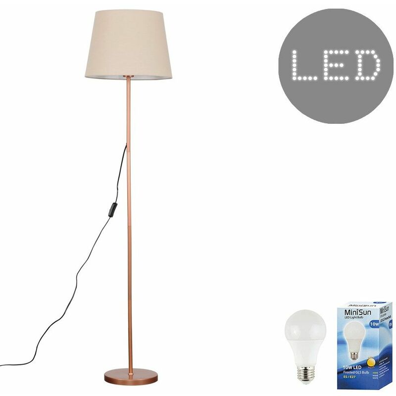 Minisun - Charlie Floor Lamp in Copper with Aspen Shade - Beige - Including LED Bulb
