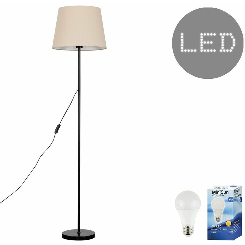 Minisun - Charlie Stem Floor Lamp in Black + Tapered Aspen Shade - Beige - Including LED Bulb