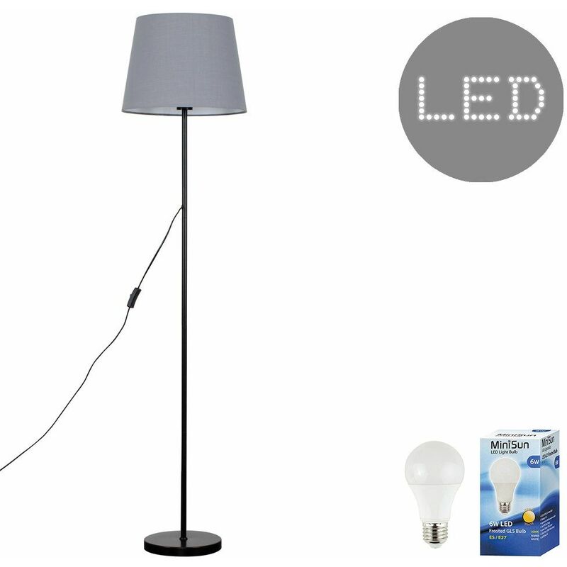 Minisun - Charlie Stem Floor Lamp in Black + Tapered Aspen Shade - Grey - Including LED Bulb