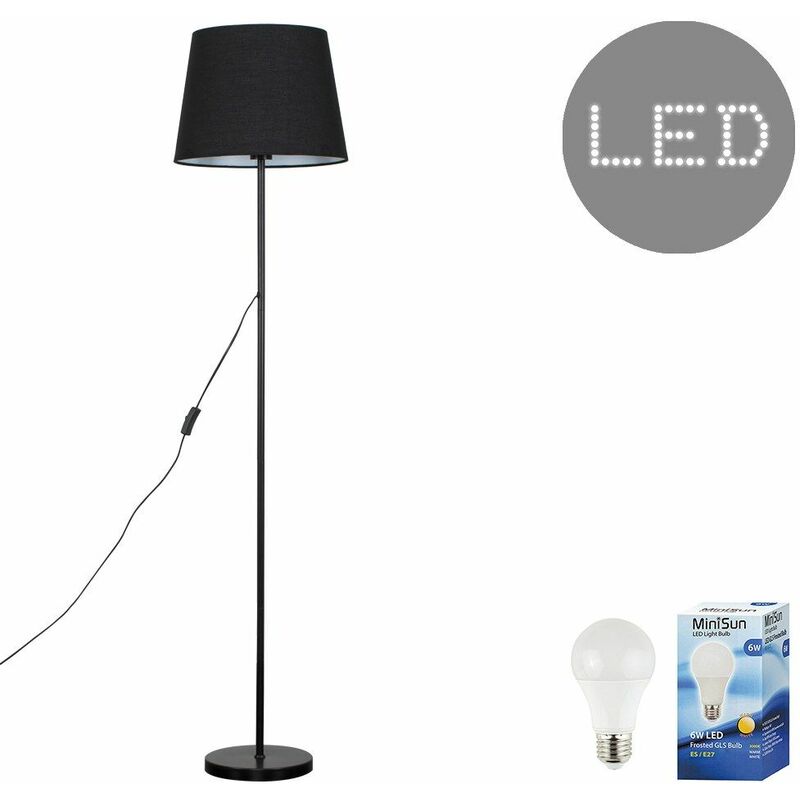 Minisun - Charlie Stem Floor Lamp in Black + Tapered Aspen Shade - Black - Including LED Bulb