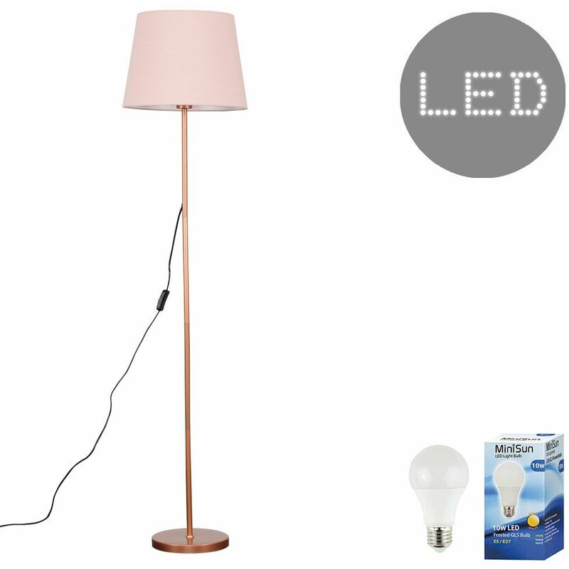 Minisun - Charlie Floor Lamp in Copper with Aspen Shade - Pink - Including LED Bulb