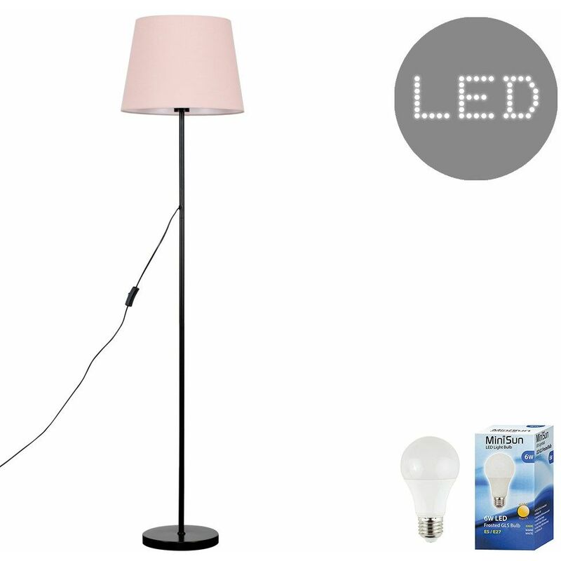 Minisun - Charlie Stem Floor Lamp in Black + Tapered Aspen Shade - Pink - Including LED Bulb