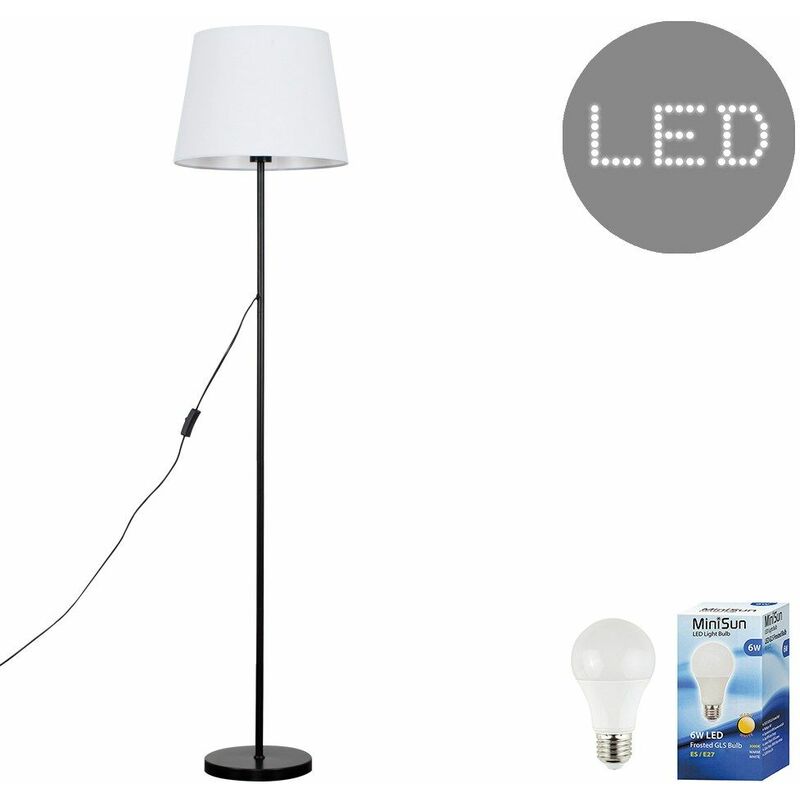 Minisun - Charlie Stem Floor Lamp in Black + Tapered Aspen Shade - White - Including LED Bulb