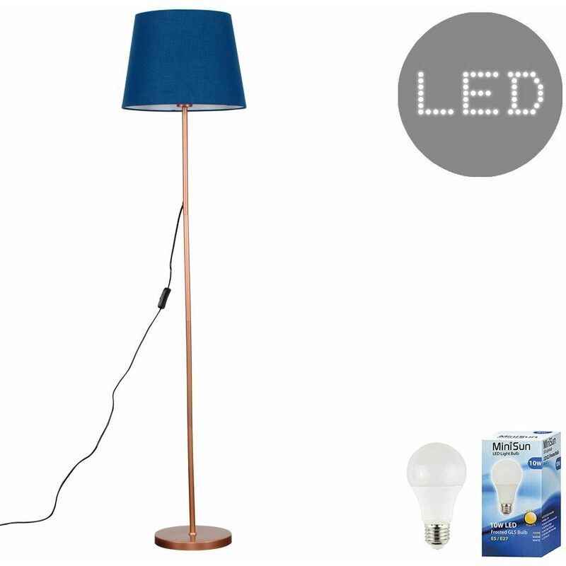 Minisun - Charlie Floor Lamp in Copper with Aspen Shade - Navy Blue - Including LED Bulb