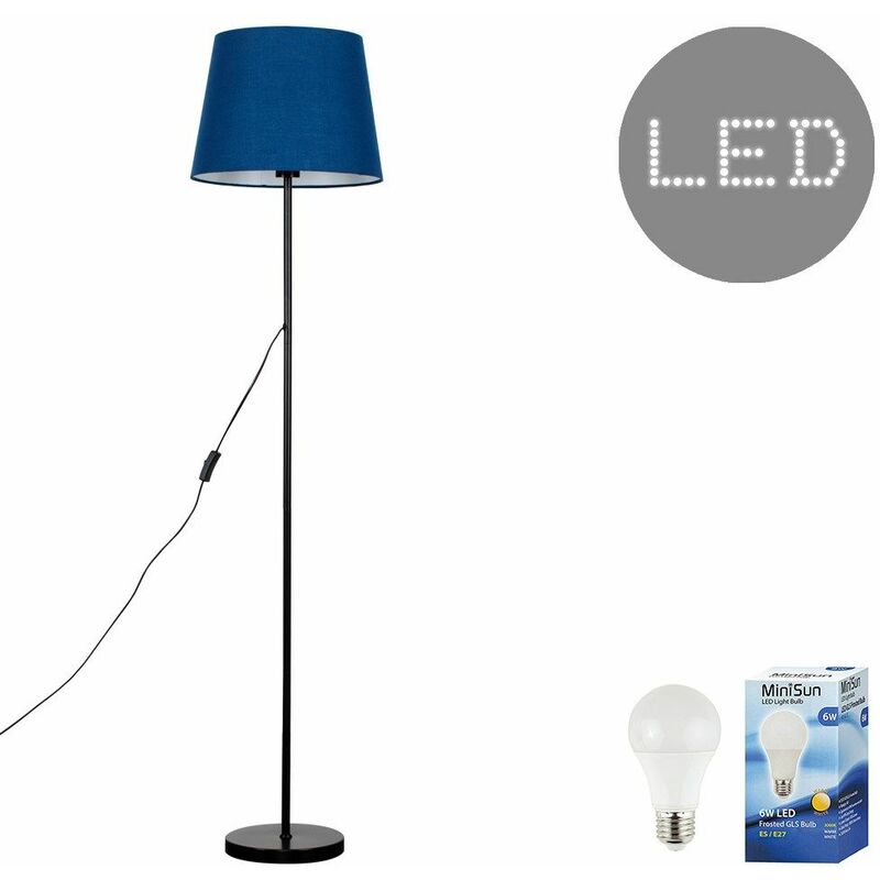 Minisun - Charlie Stem Floor Lamp in Black + Tapered Aspen Shade - Navy Blue - Including LED Bulb