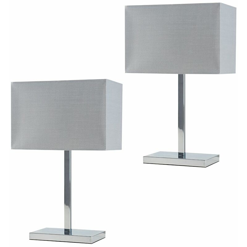 Pair Chrome Tube Stem Table Lamp Grey Fabric Rectangle Shade - No Bulb