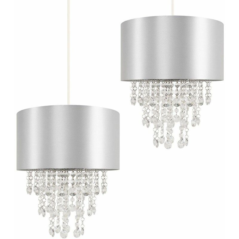 Minisun - 2 x Ceiling Pendant Light Shades with Clear Acrylic Jewel Droplets - Grey - No Bulb