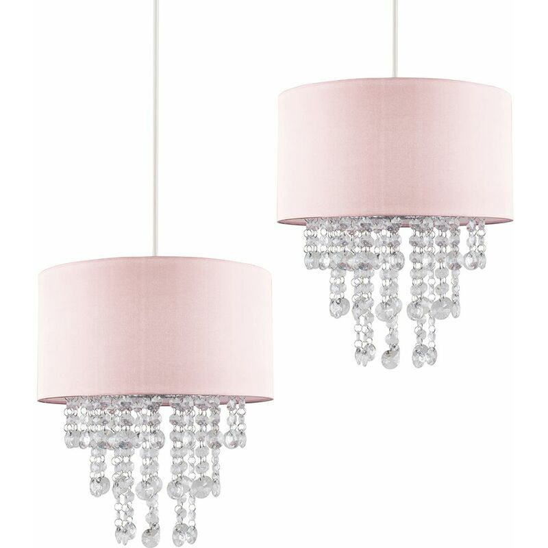 Minisun - 2 x Ceiling Pendant Light Shades with Clear Acrylic Jewel Droplets - Pink - No Bulb