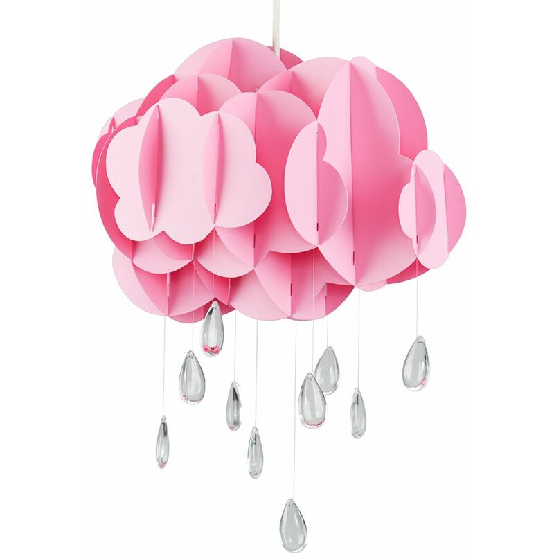 Pink Layered Rain Cloud Ceiling Pendant Light Shade with Acrylic Jewel Raindrop Water Droplets - No Bulb