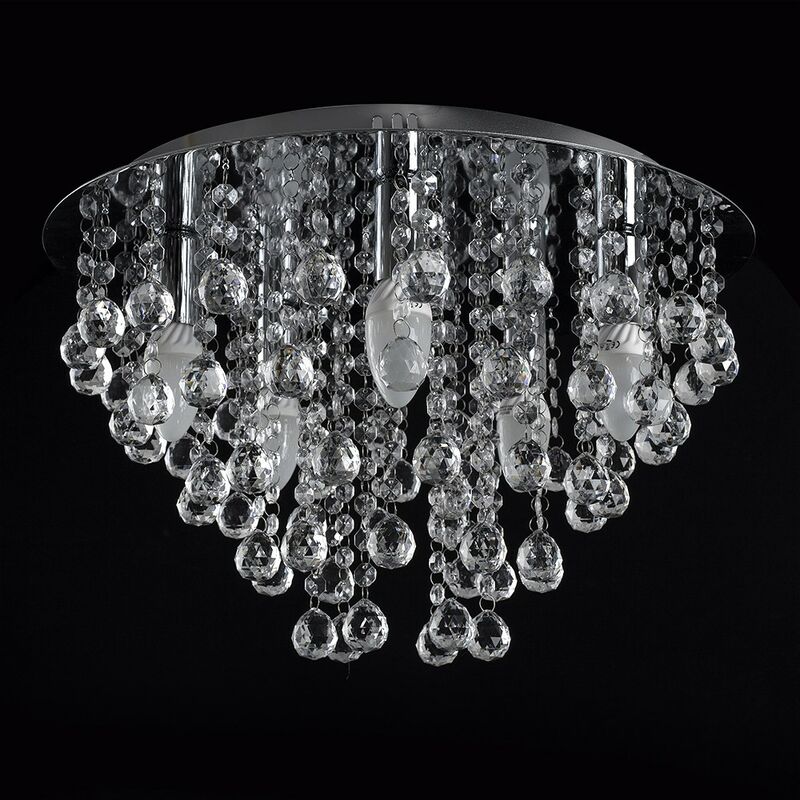 Round Chrome Acrylic Jewel Chandelier Crystal Cut Droplet Flush Ceiling Light + 5 X 4W LED SES E14 Warm White Candle Bulbs