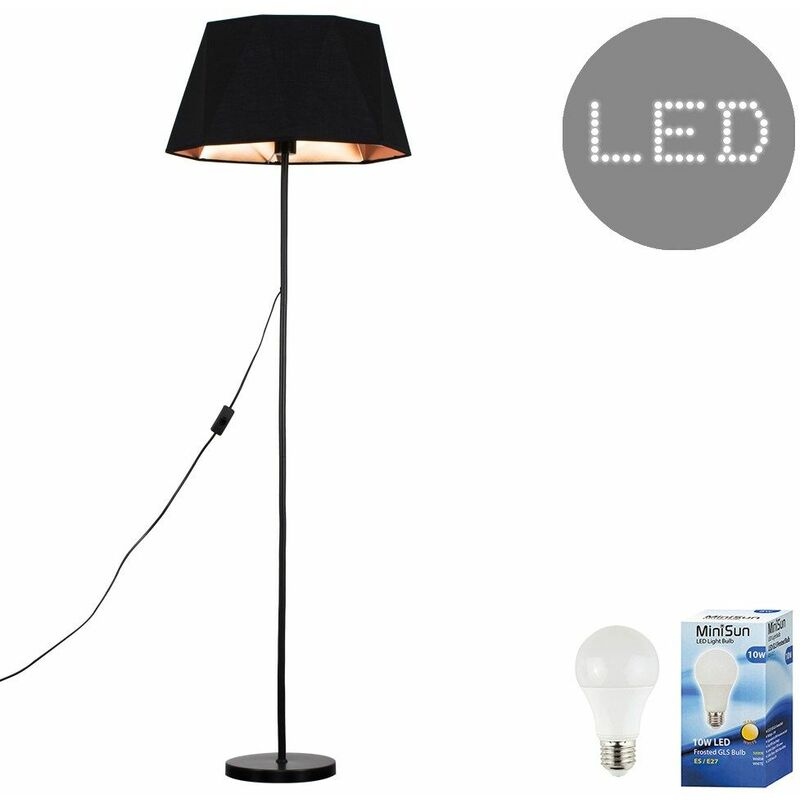 Minisun - Charlie Stem Floor Lamp in Black with Toke Shade - Black + LED Bulb