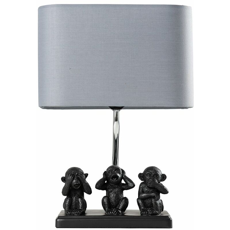 Table Lamp Three Wise Monkeys Grey Fabric Shade - Add LED Bulb