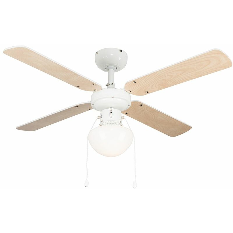 White 42" Ceiling Fan + Light & Beech / White Reversible Blades + Remote Control