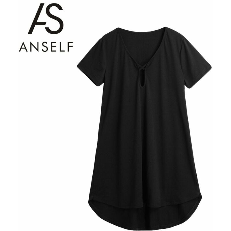 

Minivestido solido de mujer recortado con cuello en v dobladillo asimetrico jersey suelto vestido casual de una linea, negro, s