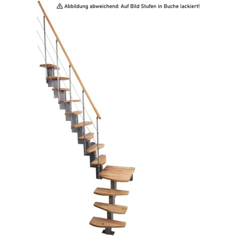 Minka Mittelholmtreppe Quatro ¼-gewendelt in Buche auf Walnuss gebeizt, UK grau mit 299cm Geschosshöhe