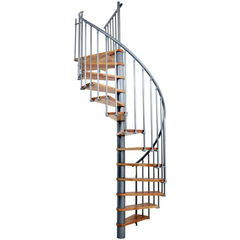 Minka Spindeltreppe Berlin in silber mit Buchenstufen bis 309cm Geschosshöhe Ø120cm