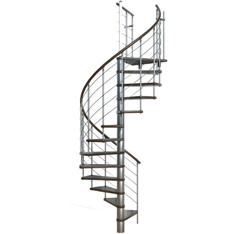 Minka Spindeltreppe Venezia Buche auf Walnuss lackiert mit Handlauf und UK in silber Ø160cm bis 305,5cm Geschosshöhe