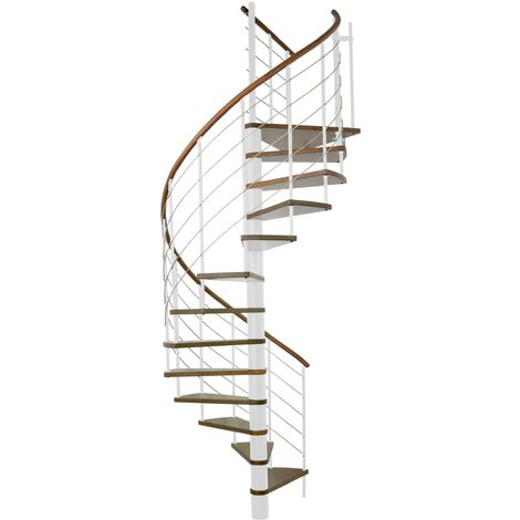 Minka Spindeltreppe Venezia Buche auf Walnuss lackiert mit Massivholzhandlauf und UK in weiß Ø140cm bis 305,5cm Geschosshöhe