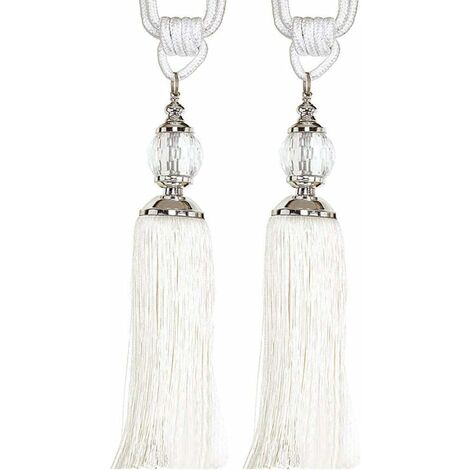 MINKUROW 1 Par De Borlas De Cristal Para Cortinas, Cortinas De Cuerda, Hebillas De Retención, Lazo Trasero/Borla, Ventana, Cuerda De Algodón, Bola De Amarre (Blanco)