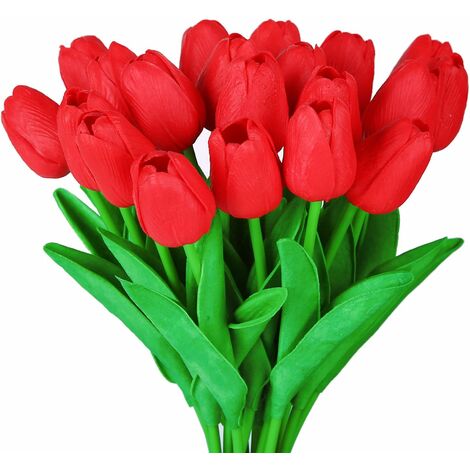 MINKUROW 10 Atemberaubender, realistischer Pu-Tulpenstrauß mit Stängel, rot