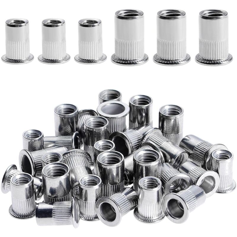 Minkurow - 100 Pièces Rivet Ecrou M6 M8, Écrous à Rivets en Acier Inox, Tête Plate Ecrou Insert Assortiment Kit pour Bois Meubles, Ecrou M6 Ecrou M8,