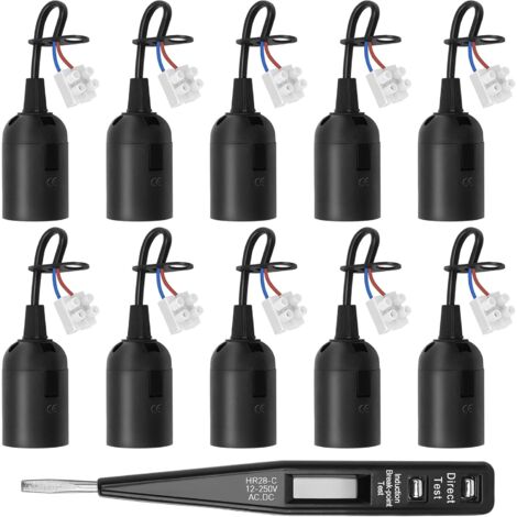 MINKUROW 10pcs E27 Portalámparas, base de luz de suspensión negra, portalámparas de construcción, portalámparas de trabajo LED, bombillas estándar de base E27 con probador de fase