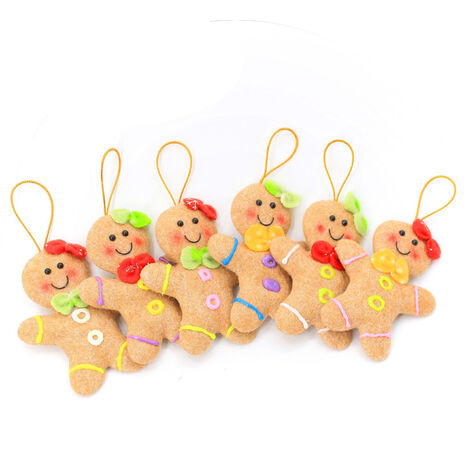MINKUROW 12 cm Weihnachtsbaumschmuck, 6 Stück Plüsch-Lebkuchenmann-Ornamente, traditioneller Weihnachts-Lebkuchenmann zum Aufhängen, Weihnachtsfigur mit verschiedenen Schleifen