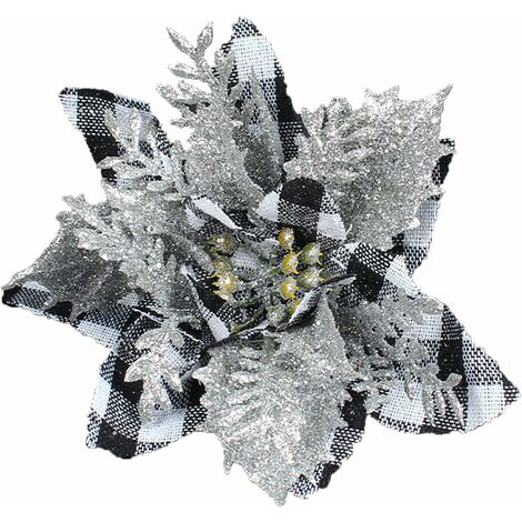 MINKUROW 12 Stück 14 cm künstliche Weihnachtsblumen aus Kunststoff, künstliche Blumenkränze aus Büffelkaro, Weihnachtsdekorationen (weiß und schwarz)
