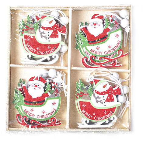 MINKUROW 12 Stück Holz DIY Weihnachtsbaum Anhänger Dekoration, Holz Weihnachtsbaum Anhänger Set, DIY Schneemann/Rentier/Weihnachtsmann Weihnachtsanhänger Label-B