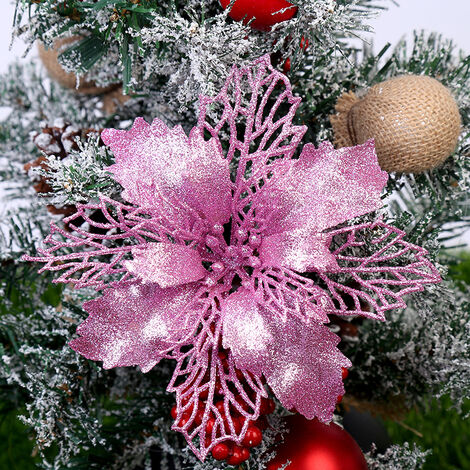 MINKUROW 12 Stück Weihnachten Glitter Weihnachtsstern Christbaumschmuck Weihnachtsblumen Künstliche Blumen Christbaumschmuck Weihnachten Hochzeit Kränze Dekoration 16 cm (Rosa)