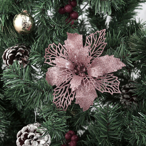 MINKUROW 12 Stück Weihnachten Glitzer Weihnachtsstern Christbaumschmuck Weihnachtsblumen Künstliche Blumen Christbaumschmuck Weihnachten Hochzeit Kränze Dekoration 16 cm (Roségold)
