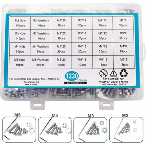 MINKUROW 1220 piezas M2 M3 M4 M5 en perilla de cabeza hexagonal de acero inoxidable 304, tornillos de cabeza hueca, tornillos, tuercas, arandelas surtidas, con llaves hexagonales (cabeza plana)