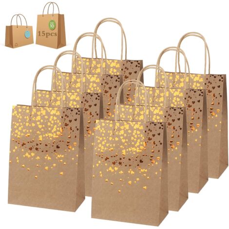 MINKUROW 15 Krafttüten, Geschenktüten aus Papier, Kraftpapiertüten mit Griff, recycelbare Geschenktüten für Weihnachten, Hochzeit, Geburtstag, Party (15x8x21cm)
