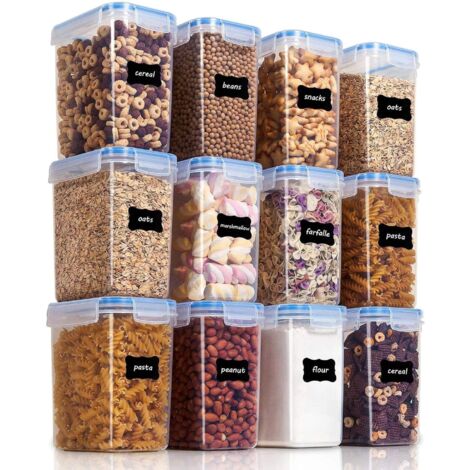 MINKUROW 1,6 l Vorratsdosen-Set, Müsli-Großdosen und Vorratsdosen für Lebensmittel, luftdichte Vorratsdosen aus Kunststoff, 12 Stück, 24 Etiketten für Müsli, Mehl, Zucker usw. (Blau)