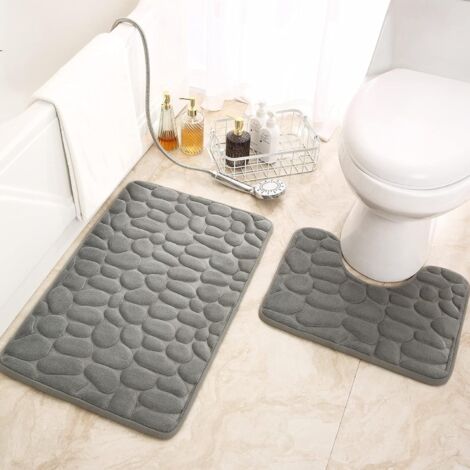 MINKUROW 2 Badematten aus Memory-Schaumstoff, rutschfeste und saugfähige Badezimmerteppiche, 80 x 50 cm und 50 x 40 cm, U-förmige Toilettenkontur, maschinenwaschbar, schnell trocknend (Grau)