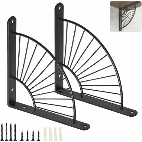 MINKUROW 2 Soporte de Estante de Pared, Soporte de Estante de Metal de 20 cm, Soporte de Estante Montado en la Pared, Soporte Triangular Flotante, Forma de Abanico, para Cocina Dormitorio Oficina Negr