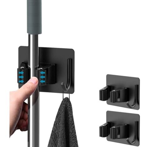 MINKUROW 2 Stück Besenhalter, Selbstklebender Besenhalter zur Wandmontage ohne Bohren, Mopphalter mit Haken für Küche Badezimmer Garten Schwarz