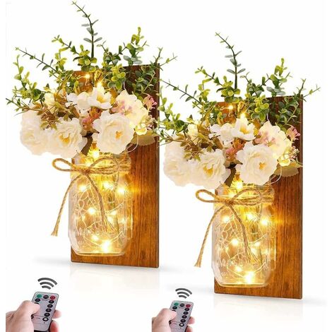 MINKUROW 2 Stück Wandleuchte Mason Jar Lights Wanddekoration, batteriebetriebene Hängeleuchten mit künstlicher Blume, LED-Streifendekor für drinnen und draußen, Schlafzimmer, Zuhause, Wohnzimmer, Gart