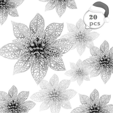 MINKUROW 20 Piezas Navidad Brillo Poinsettia, 15cm Adorno De Árbol De Navidad Decoración De Flores De Navidad Adorno Para Guirnalda Guirnalda (Plata)