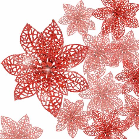 MINKUROW 20 Stück glitzernder Weihnachtsstern, 15 cm Christbaumschmuck, Weihnachtsblumen, Dekoration, Ornament für Kränze, Girlanden (rot)