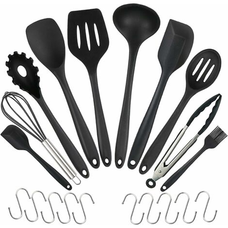 MINKUROW 20-teiliges Silikon-Küchenwerkzeug, Kochgeschirr-Teile-Set, hitzebeständiges Silikon, Küchenhelfer, Antihaft-Kochwerkzeuge, 10 Sets + 10 S-Haken, schwarz