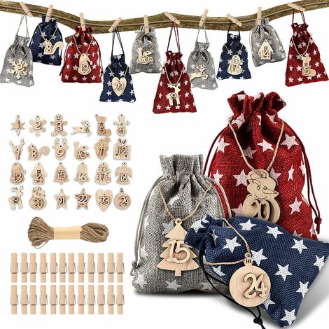 MINKUROW 24 Bolsas De Tela Con Calendario De Adviento De Navidad, Bolsas De Calendario De Adviento, Bolsas Sorpresa De Navidad Con Cuenta Regresiva De 24 Días, Bolsas De Regalo Con 24 Etiquetas De Mad
