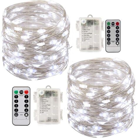 MINKUROW 2x10m Cadena De Luces Led A Batería 100 Led Función De Temporizador Con Control Remoto Ip44 Impermeable Decoración Interior Y Exterior Para Navidad Boda Fiesta Hogar Jardín (Blanco)