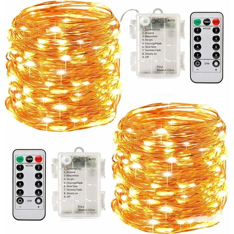 MINKUROW 2x10m Luci Led A Batteria 100 Led Funzione Timer Con Telecomando Ip44 Impermeabile Decorazione Interna Ed Esterna Per Natale Festa Di Nozze Giardino Domestico (Giallo)
