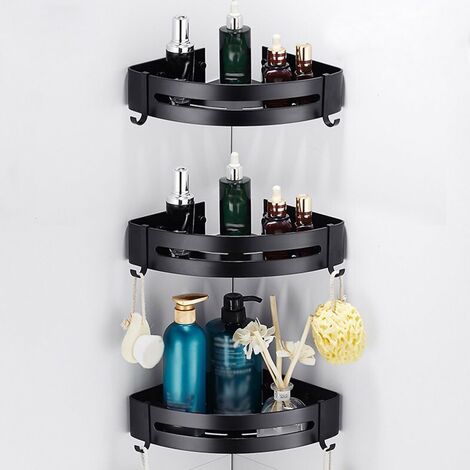 MINKUROW 3-stöckiges Dusch-Eckregal mit beweglichen Haken, kein Rost, 10 kg, Laden, Bohren, Badezimmer-Eckregal, Premium-Aluminium-Küchenregal für Badezimmer