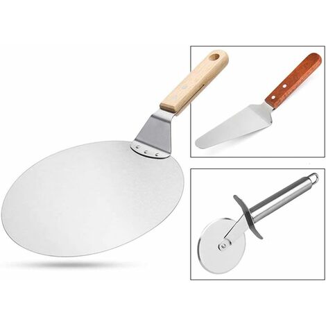 MINKUROW 3-teiliges Pizzaofen-Set Pizzaschaufel, Pizzaschneider, Pizzaschaufel, Küchenutensilien, Utensilien, Tortenheber, Edelstahl, Palettenheber, Keksheber, Holzgriff